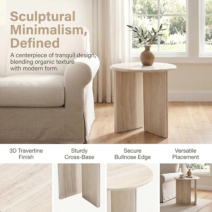 HNY Small Round Side Table Marble Veneer Wood Bedside Table 18" Modern End