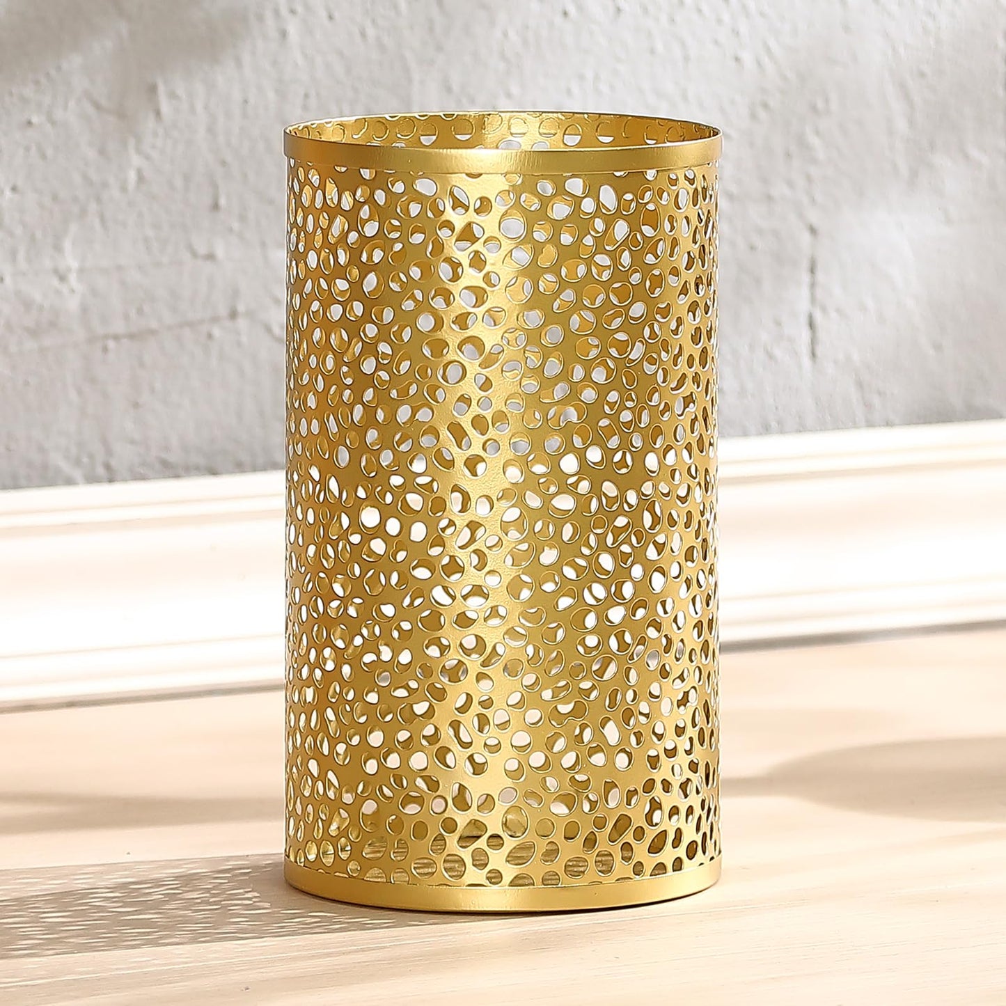 TICKCACY Metal Gold Trash Can, Modern Gold Garbage Can for Office, Cylindrical Metal Waste Basket for Bathroom Bedroom, 7" D x 12" H
