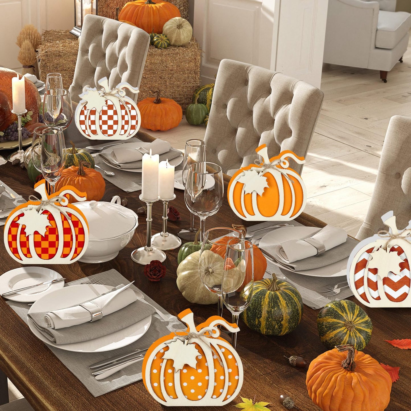 6 Pcs 3D Pumpkin Tabletop Signs Fall Wooden Pumpkin Signs Thanksgiving Harvest Pumpkin Table Block Fall Plaid Wood Standups Fall Thanksgiving Tiered Tray Decorations Pumpkin Centerpieces for Home