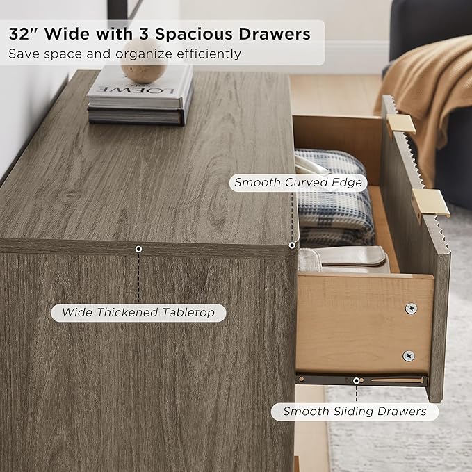 T4TREAM Fluted 3 Drawer Dresser, Curved Profile Design, Wood Drawer Organizer