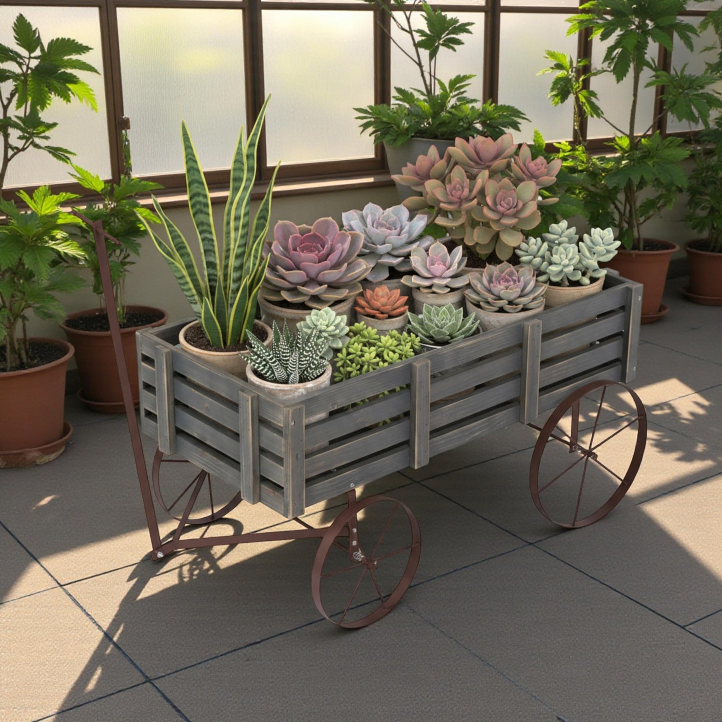 Shine Company Decorative Buckboard Wagon Garden Planter, Wooden Wagon Yard Décor for Outdoor Plants, Gray