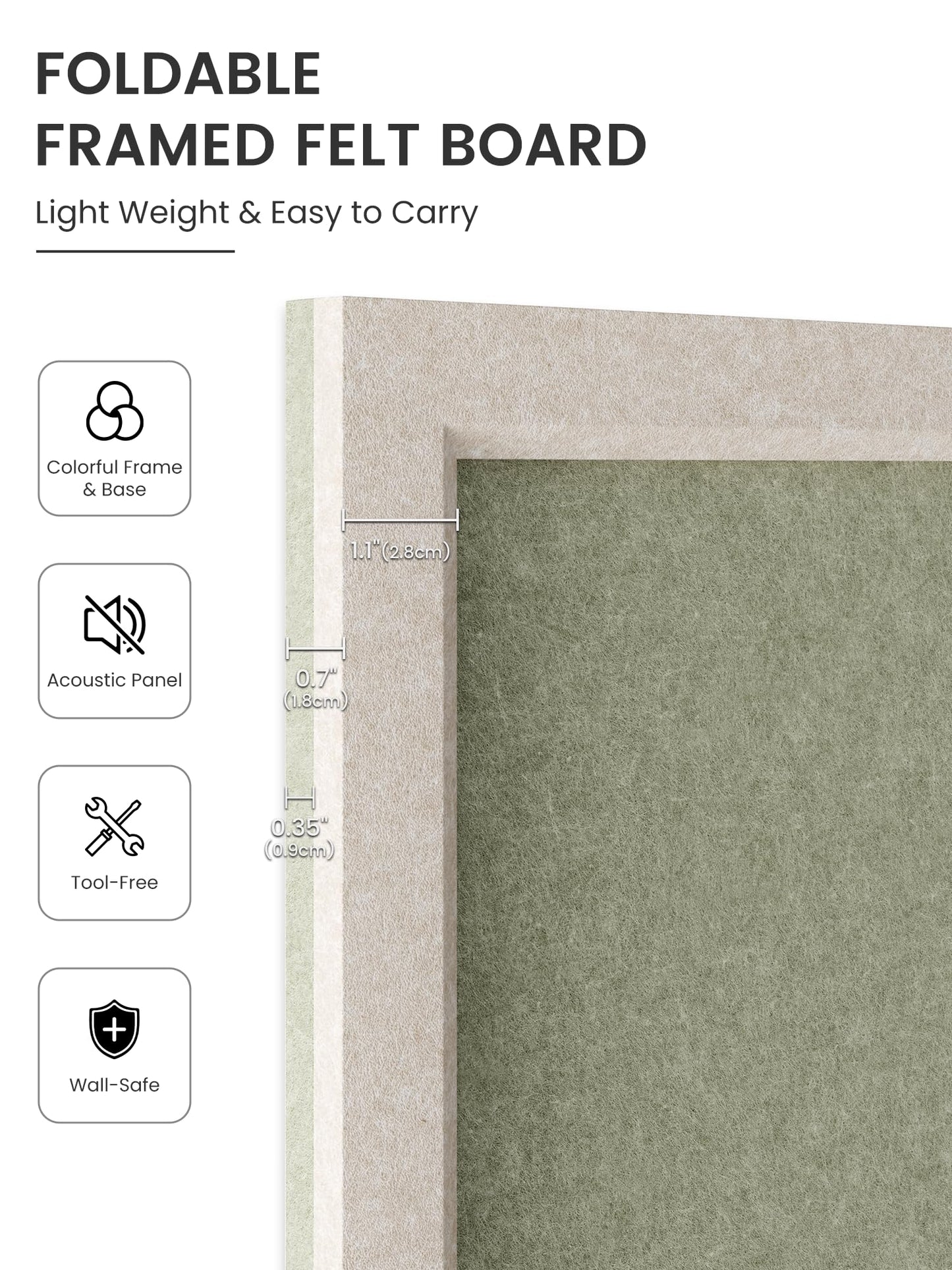 Fluxynara Foldable Cork Board Alternative, Felt Bulletin Board 23.6" x 17.5" Oatmeal Frame with 12 Adhesive Tabs, Pin Board for Home Office, Classroom, Entryway, Kitchen Wall Decor—Sage