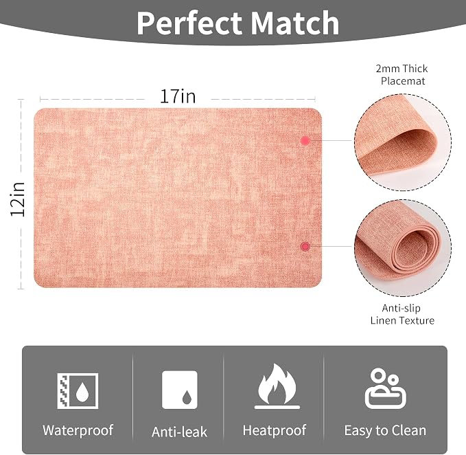 Maxpearl Faux Leather Placemats Set of 4 - Waterproof - Wipe Clean - Heat Resistant - Anti Slip Dining Table Place Mats, Suitable for Indoor & Outdoor Use, 17’’×12’’, Peachy Pink