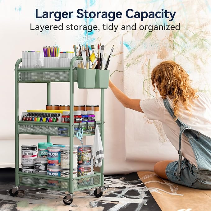 YASONIC 3 Tier Rolling Cart – Metal Utility Storage Carts