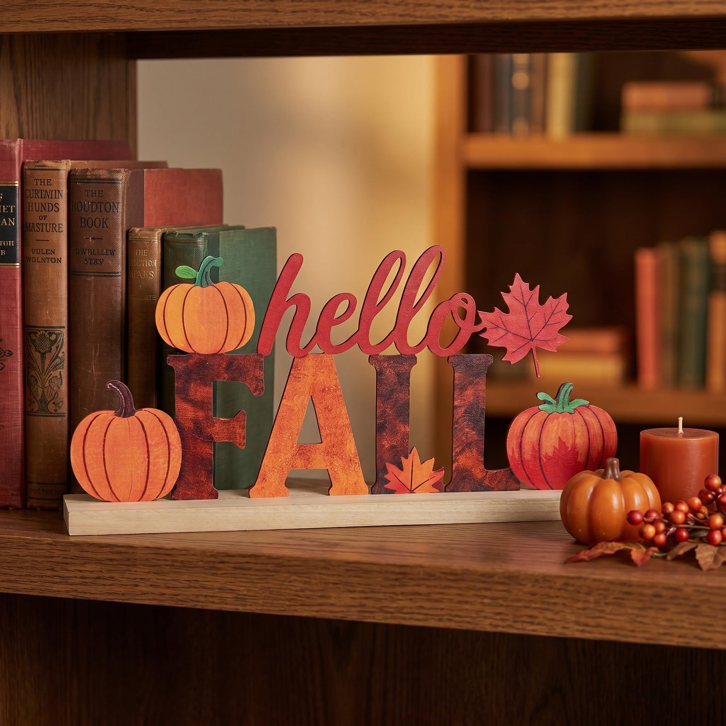 LianheCy Hello Fall Metal Sign with Wooden Base Freestanding Rustic Pumpkin Tabletop Decor Tiered Tray Centerpiece Autumn Decorations for Home Mantel Shelf Fireplace Office