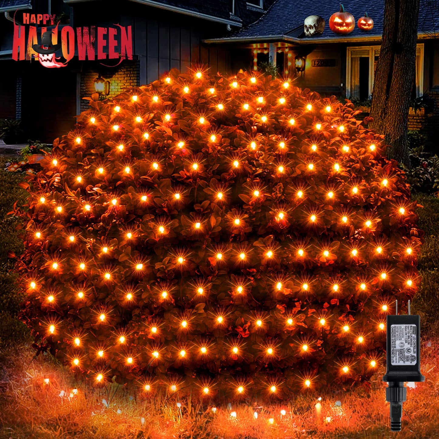 BlcTec Halloween Net Lights 360 LED 9.8ft x 6.6 Orange Halloween Lights with 8 Modes, Timer, Connectable, Waterproof & Dark Green Wire Design for Lawn, Porch, Shrub, Bushes Outdoor Holiday Decorations