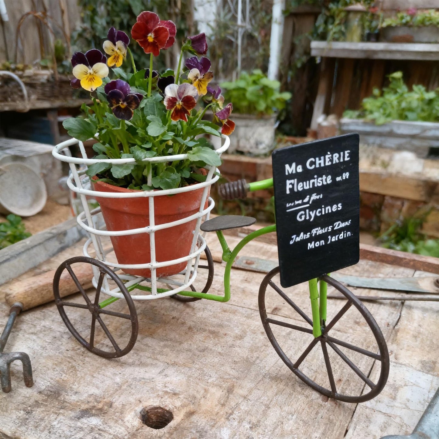 JAMIEKA Beautiful Iron Tricycle Flower Pot Holder Container with Deep Basket for Living Room Indoor Outdoor Garden Decoration