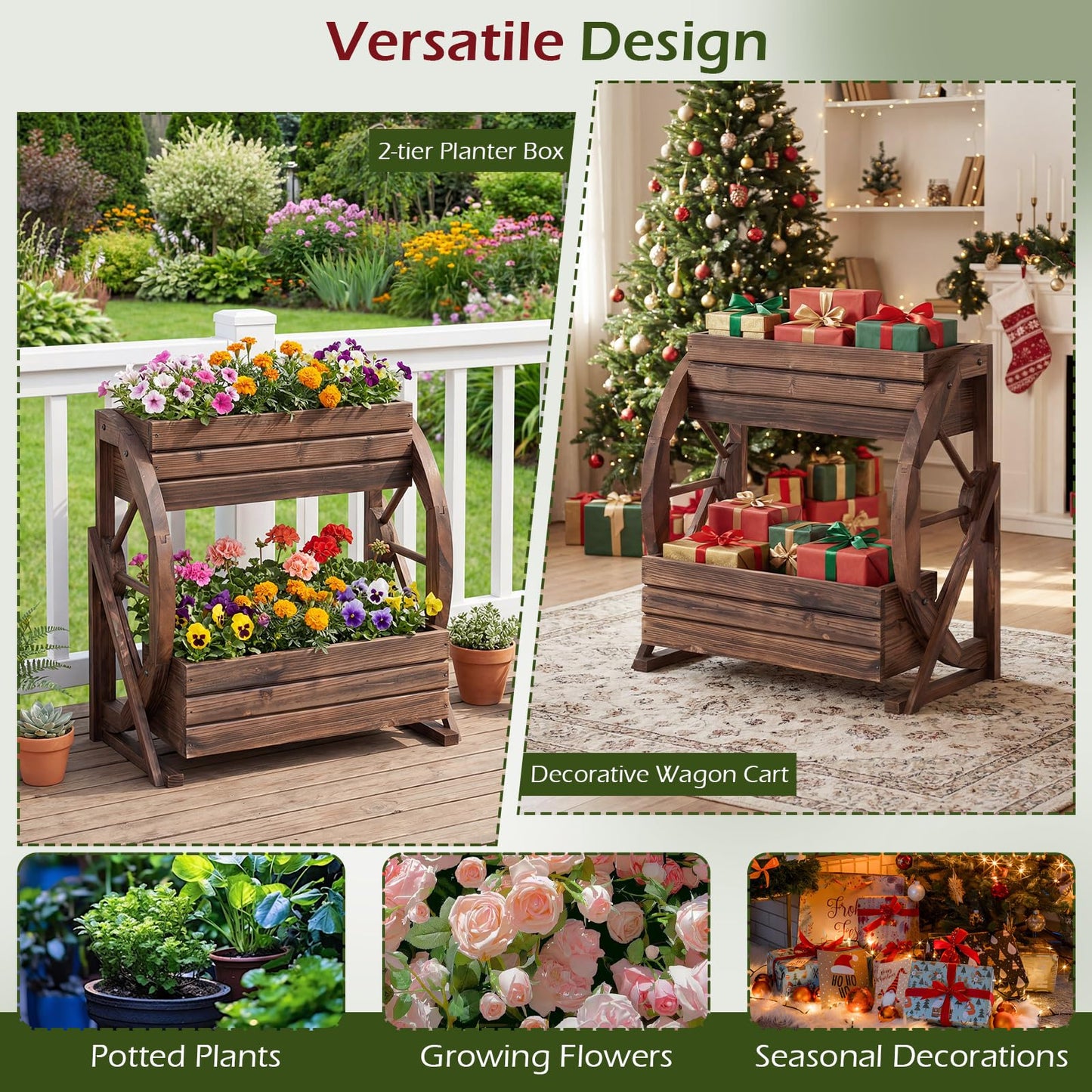Byroce Wooden Wagon Planter Box, 2-Tier Raised Garden Bed with Drainage Holes for Flowers, Vegetables & Herbs, Indoor Outdoor Decorative Wheel Cart for Patio, Yard & Balcony, Rustic (1)