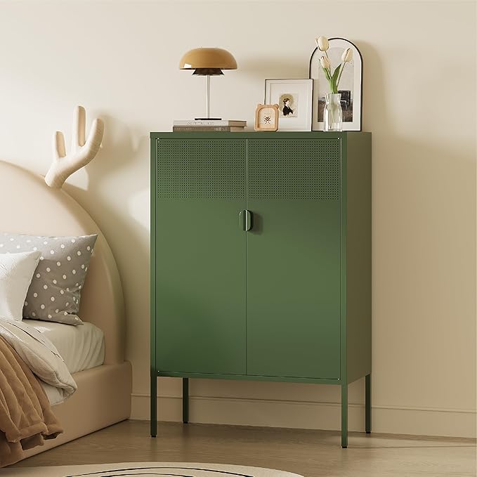 Metal Storage Cabinet, 2 Door TV Stand, Metal Mesh Accent Cabinet, Magnetic