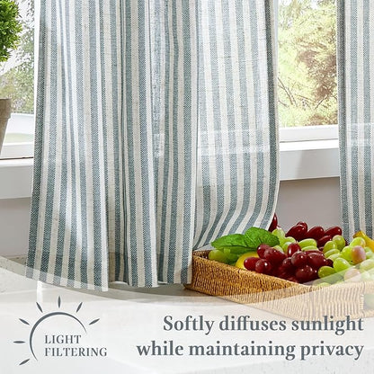 jinchan Striped Linen Kitchen Curtains with Attached Valance 24 Inch Length Cafe Tier Curtains for Living Room Rustic Half Window Light Filtering Rod Pocket Small Drapes 2 Panels Blue