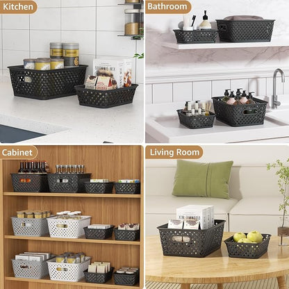 MaxGear 3 Pack Plastic Storage Baskets, Medium, Black | Durable Woven Plastic with Built-In Handles, Suitable for Shelves, Closets, Cabinets, Bathrooms and Offices
