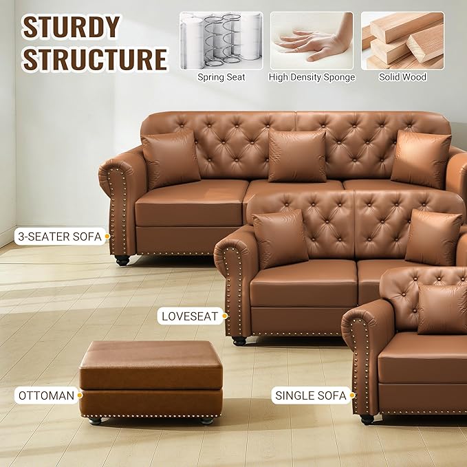 KEIKI 63" Faux Leather Chesterfield Sofa