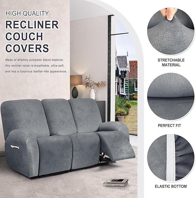 ANARACHON Leather Look Recliner Couch Cover, 8-Pieces Stretch Recliner Sofa