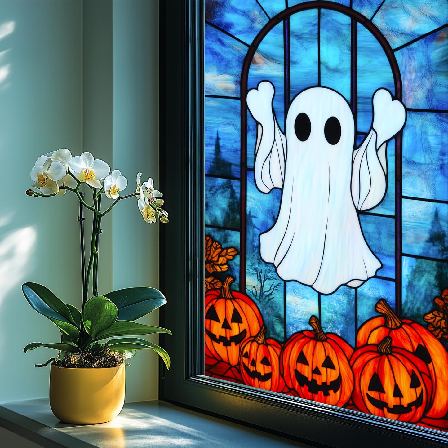 HOMETITUTE Halloween Ghost Window Film 31x47 Inch Pumpkin Decorative Window Film Cute Spooky Glass Cling for Kids Party Door Mirror Privacy Decor Stained Glass Windows Art for Home School Office