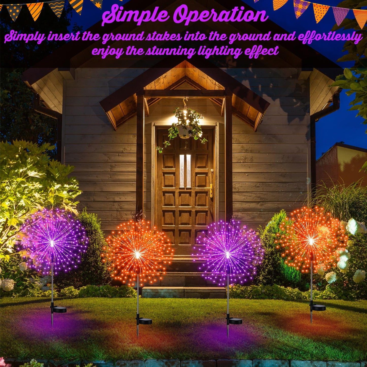 Tujoe 6 Pcs Fall Solar Firework Stake Lights 180 LED 8 Modes Solar Waterproof LED Sparkler Lights Outdoor Decoration for Halloween Christmas Holiday Garden Patio Yard Pathway Walkway, Orange, Purple