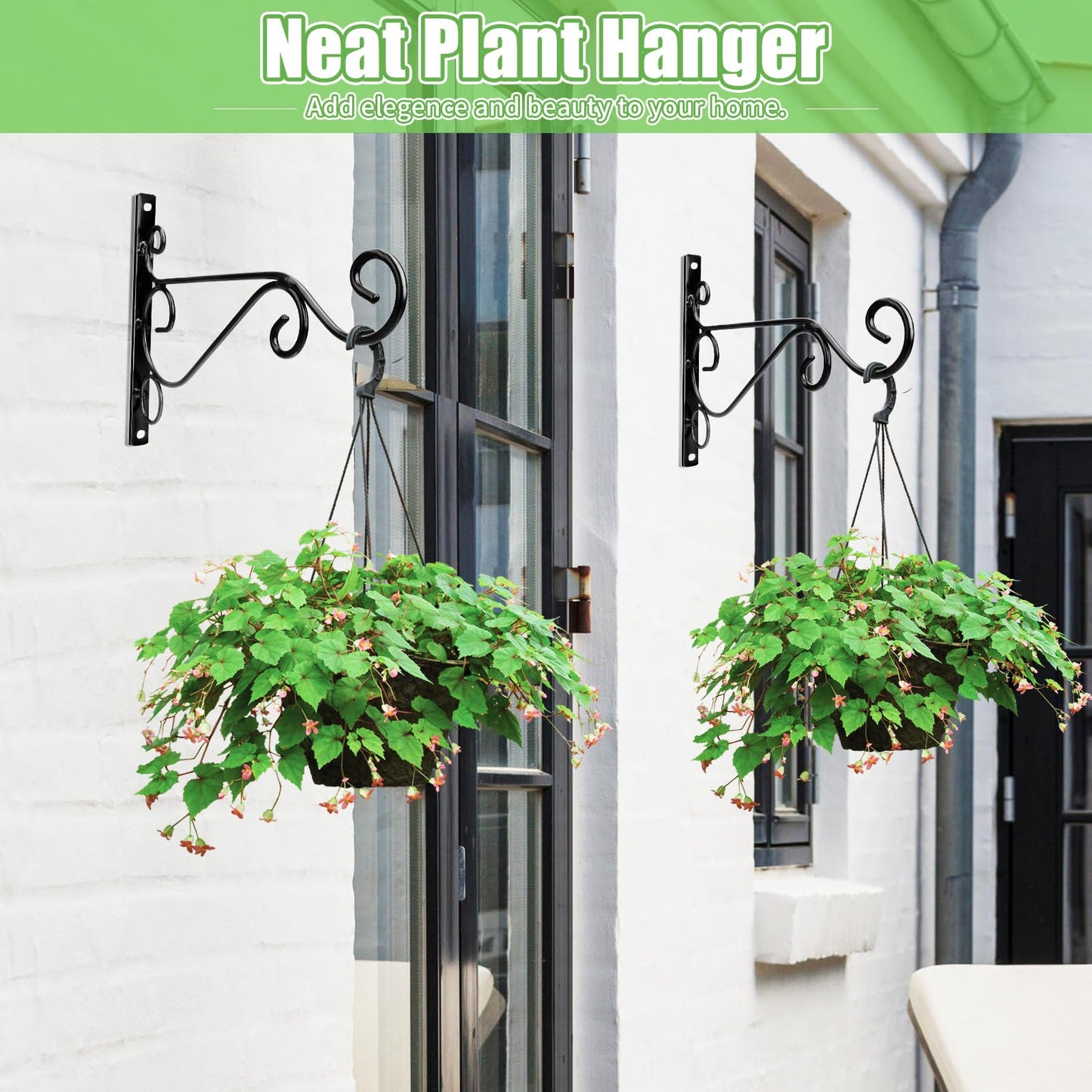 Preimum Black Plant Wall Mount Hanging Brackets Hooks Plant Basket Hanger Holder 10 Inches Indoor Outdoor Metal Brackets with Screws Garden Baskets Hanging Planters Lantern Wind Chimes(2PACK)