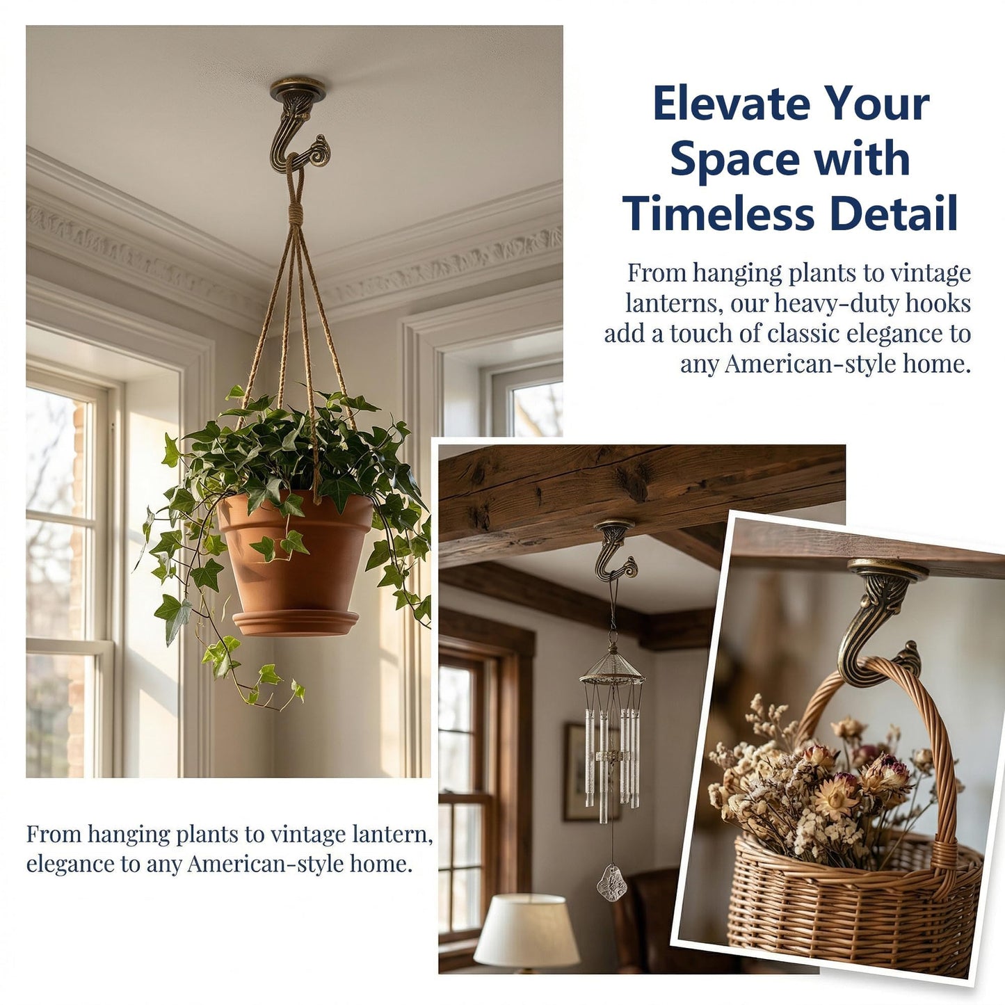 RiseDirectly 6-Pack Heavy Duty Bronze Green Ceiling Hooks for Hanging Plants, Swag Hooks with Hardware for Chandeliers, Indoor Plant Hangers & Lightweight Decor