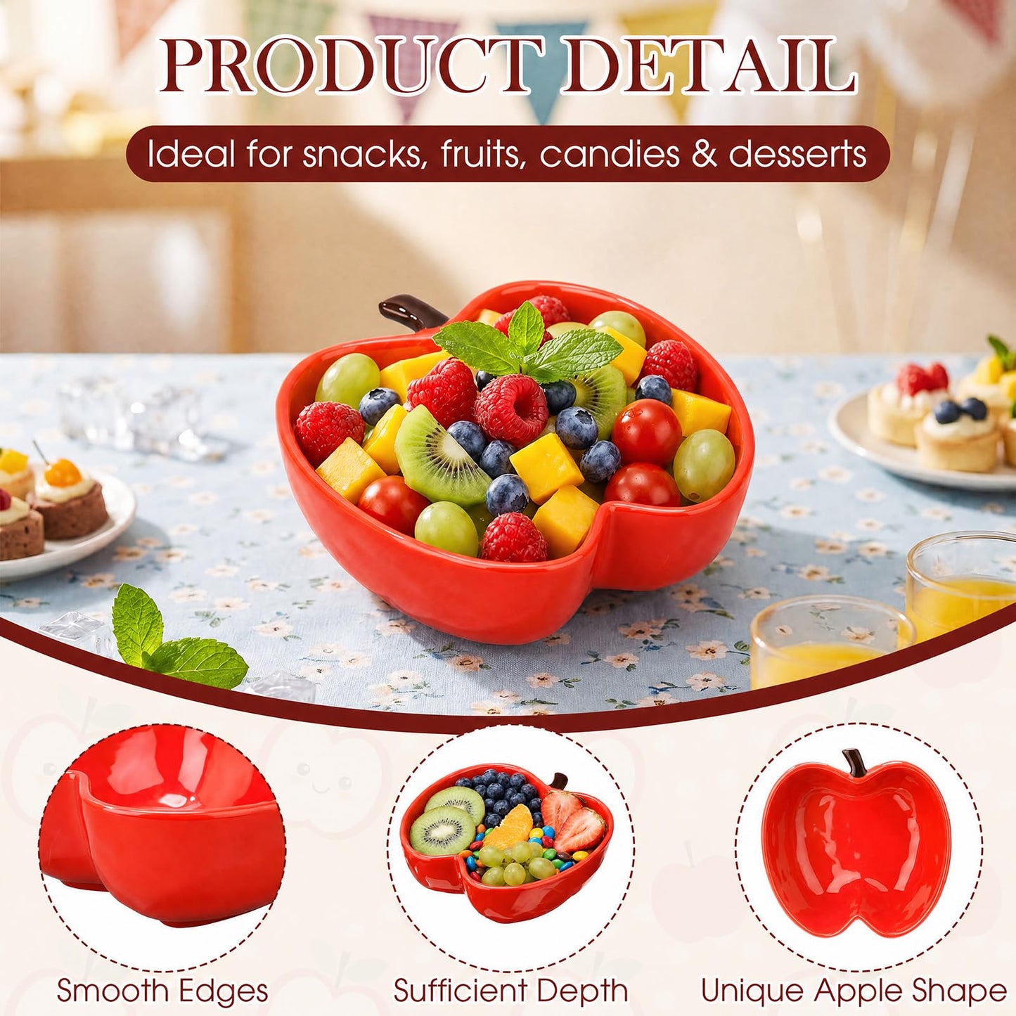 Jinei 2 Pcs Red Apple Shaped Ceramic Bowl Set Cute Snack & Fruit Bowls Back to School End of Year Teacher Appreciation Gift Serving Dish for Dorm Kitchen Counter Party Table Decoration