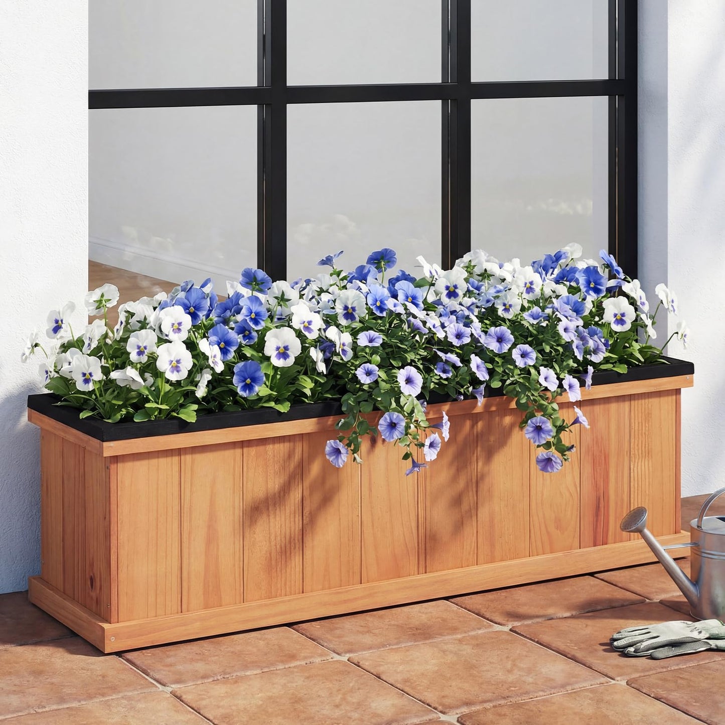 Giantex Outdoor Raised Garden Bed, 40” x 13” x 12” Pine Wood Planter Box with 3 Drainage Holes, Removable Bottom & Bed Liner, Rectangular Flower Container for Vegetables, Herbs, Indoor & Outdoor