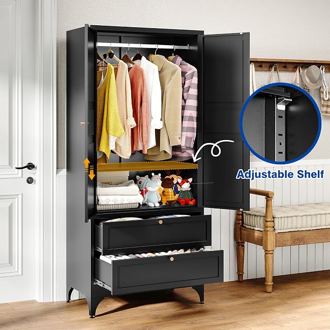BYNSOE Metal Armoire Wardrobe Closet with 2 Drawers 71'' Wardrobe Cabinet with Drawers and Hanging Rail Metal Closet with Adjustable Shelves for Bedroom. (Black, with 2 Drawers)