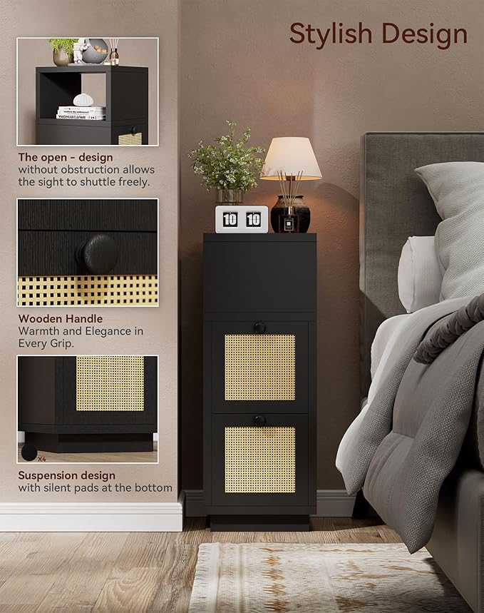 YMYNY Rattan Nightstands Set of 2, Boho Bedside Table