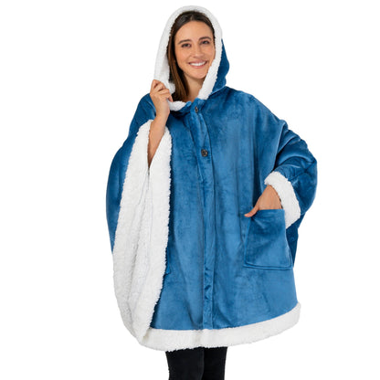 PAVILIA Hooded Blanket Poncho, Women Sherpa Fleece Shawl Wrap with Hood, Wearable Blanket Cozy Warm Poncho Cape Throw with Pockets, Gift for Elderly Mom, Turquoise Sea Blue