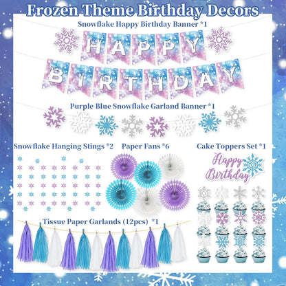LakPty Frozen Party Decorations, Blue Purple White Snowflake Theme Birthday Decor Kit with Banner, Garlands, Cake Topper, Paper Fans, Tassels Decors for Boys Girls Winter Holiday Party Supplies