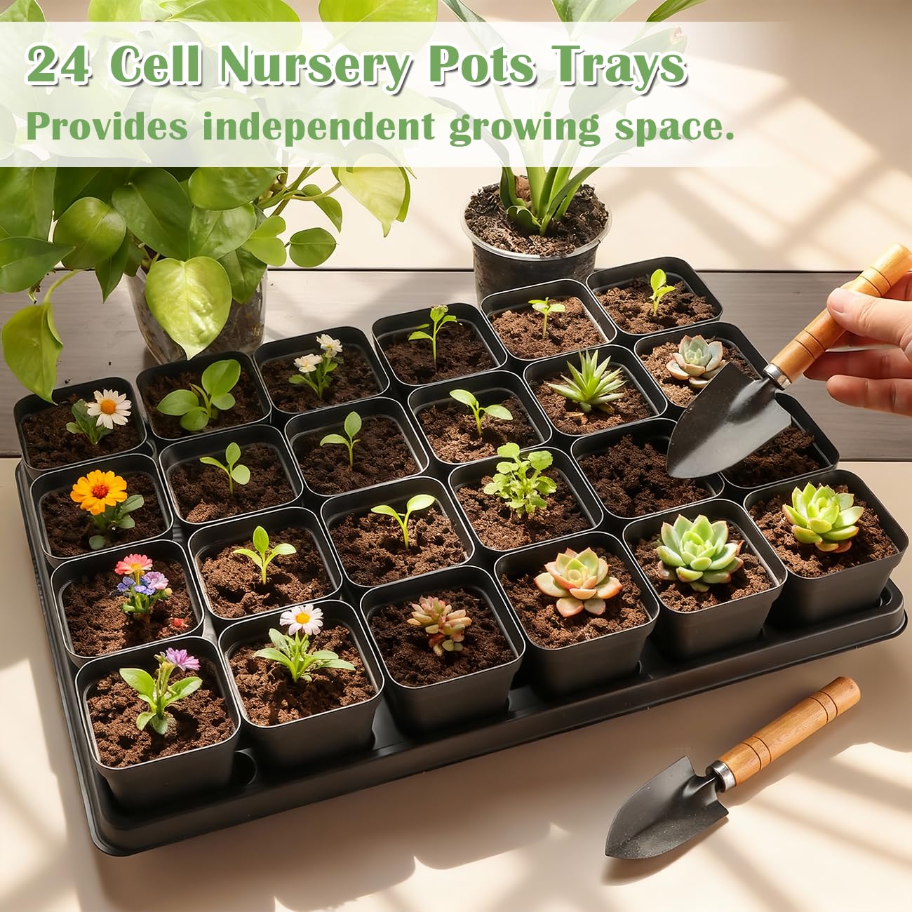 RooTrimmer 24 Cell Nursery Pots Trays 10 Pack (17"x11"x1.6"), Reusable Plastic Plant Pot Tray with Drain Holes, Carrying Seed Starter Tray for Holding 2.8 inch (7CM) Square Nursery Pots (Black)