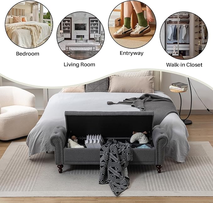SOFTHION 58.1" Storage Bench Upholstered Linen End of Bedroom Bed Bench Ottoman