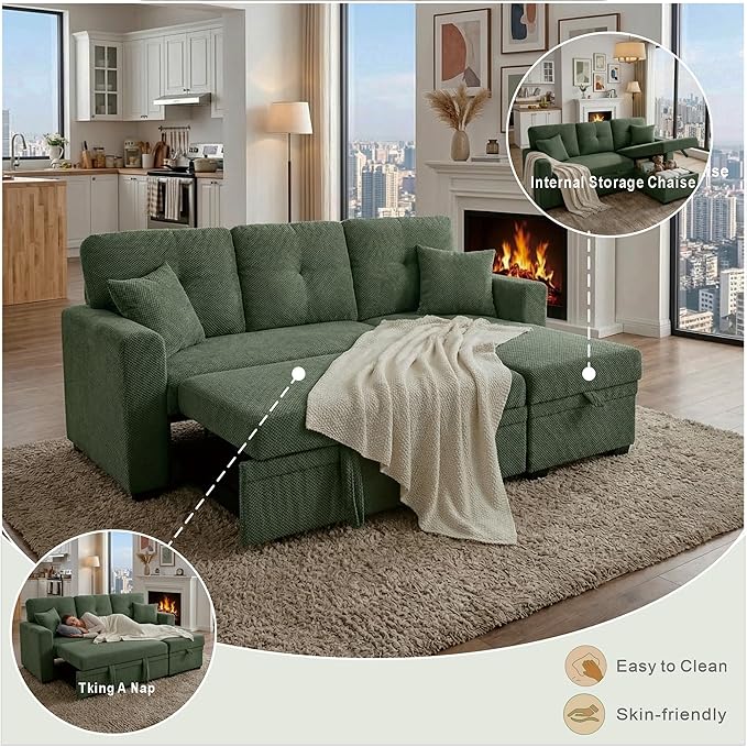 L Shaped Sectional Couch with Storage and Pull Out Bed, 3 Seater Sleeper Sofas