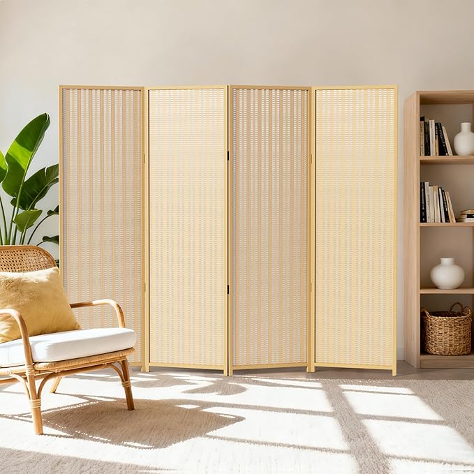 4 Panel Room Divider and Extra Wide Folding Privacy Screen, Bamboo Room Divider