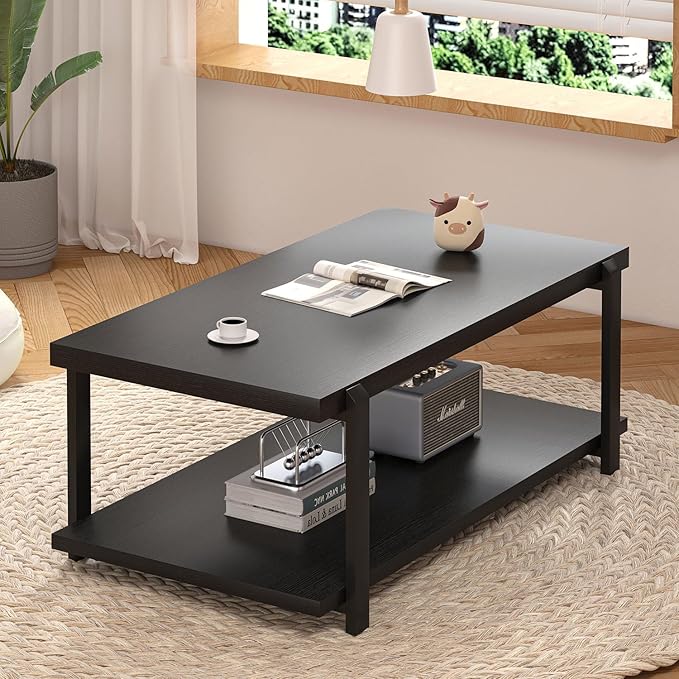 FOLUBAN Black Coffee Table, Modern Rustic Wood Center Table