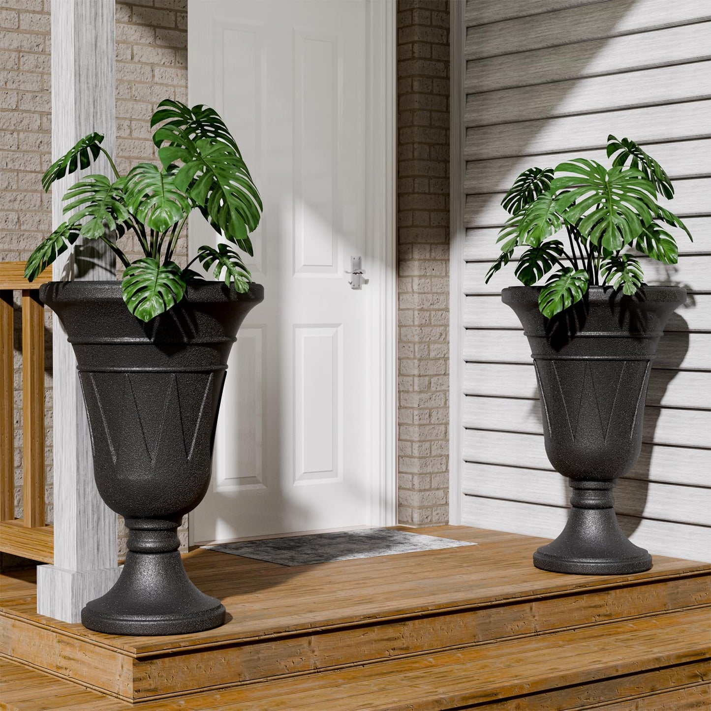 Trygoal 23.6" Tall Plastic Urn Planters for Outdoor Plants, Set of 2 Heavy-Duty Classic Indoor Large Flower Pots with Drainage Holes & Trophy Design, Outdoor Planters for Porch, Home Garden, Black