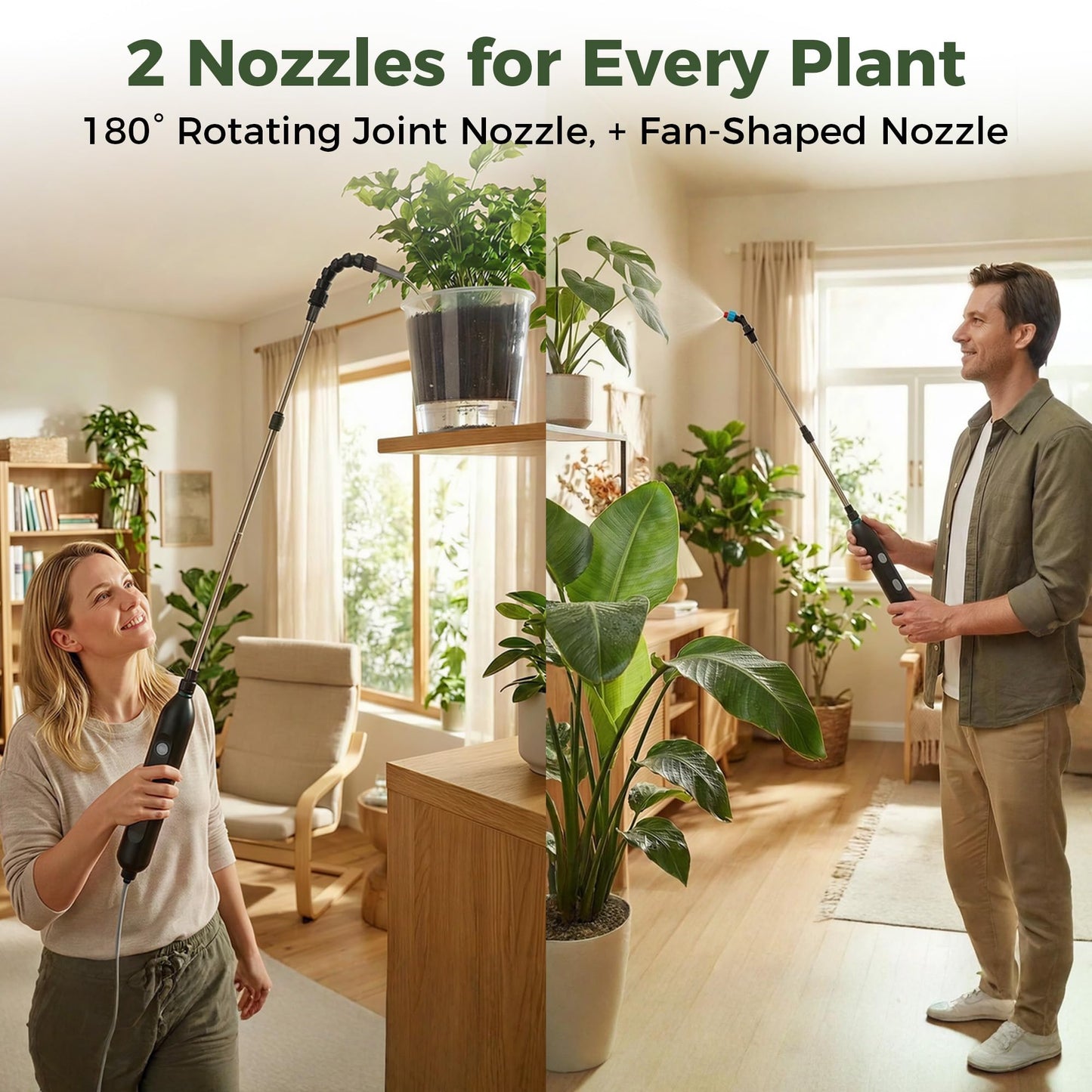 Rechargeable Cordless High Reach Plant Waterer - with Telescopic Wand Plant (25.6–33.4 in), Watering Can Hanging Plants Baskets, 2 Adjustable Nozzles and 8.6ft Water, Hose for Yard Lawn Weeds Plants
