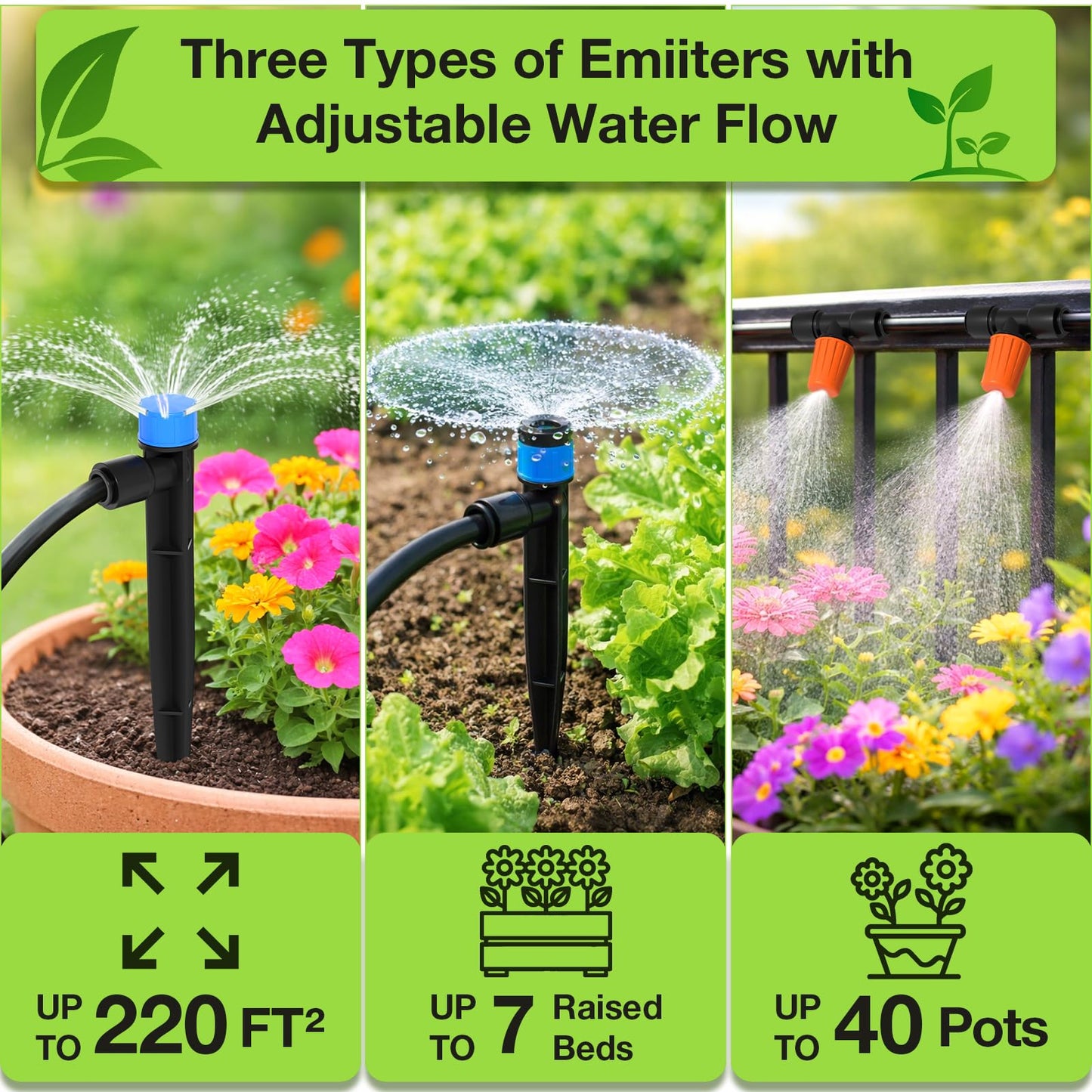 MIXC 250FT Drip Irrigation System Kit, Quick-Connect Garden Misting Watering System with 1/2” 1/4” Tubing Adjustable Nozzles Sprinklers for Indoor Outdoor Garden Potted Plant Lawn Greenhouse