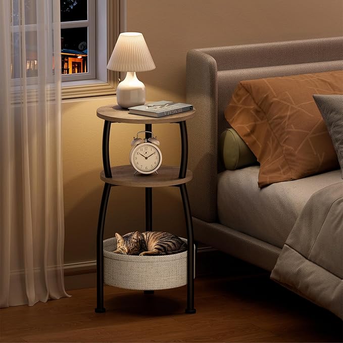 Round Side Table with Storage Basket –Small Space Saving End Table 3-Tier