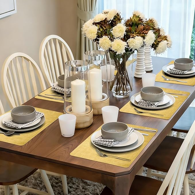 Maxpearl Faux Leather Placemats Set of 4 - Waterproof - Wipe Clean - Heat Resistant - Anti Slip Dining Table Place Mats, Suitable for Indoor & Outdoor Use, 17’’×12’’, Light Yellow