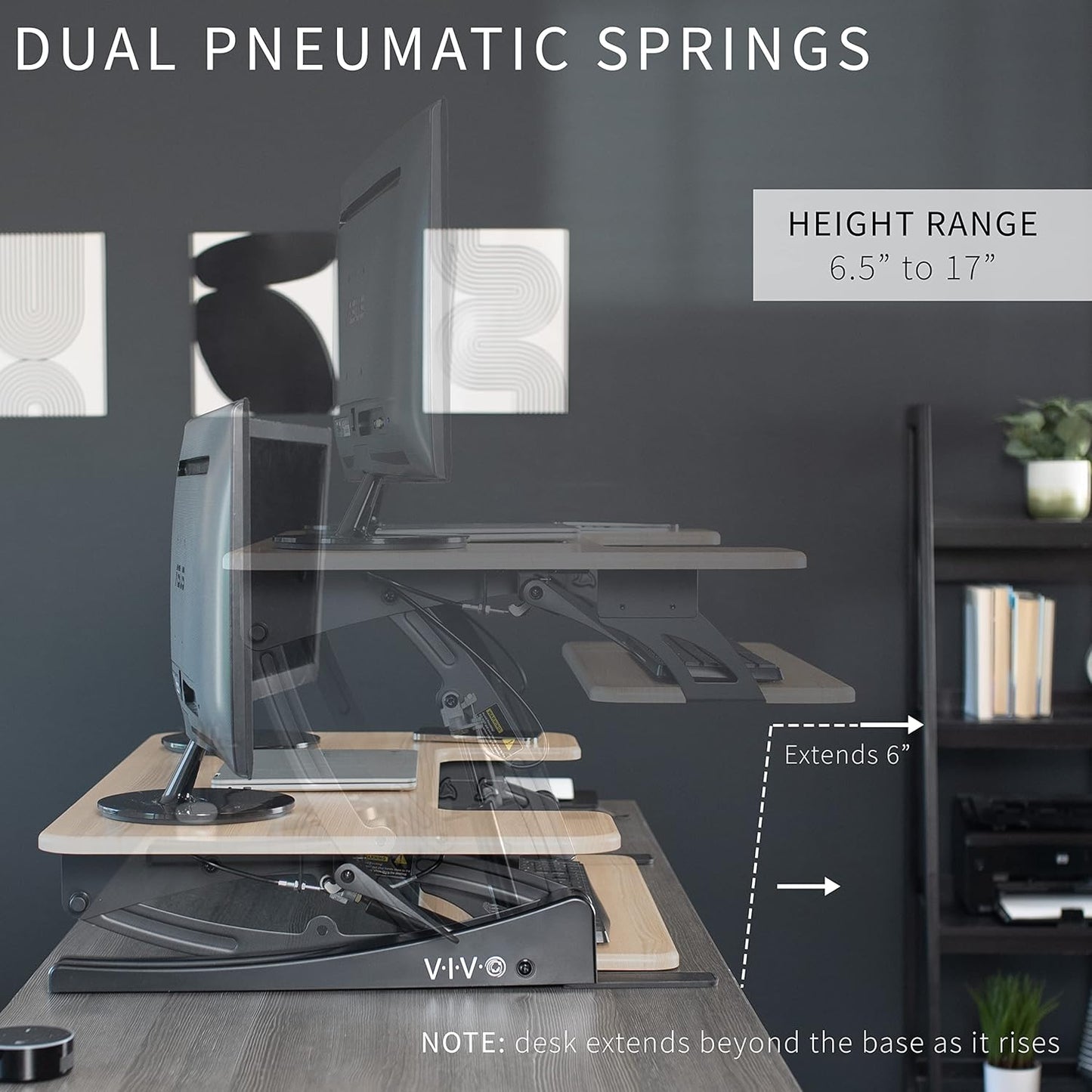 VIVO 36 inch Height Adjustable Stand Up Desk Converter, V Series, Quick Sit to Stand Tabletop Dual Monitor Riser Workstation, Light Wood Top, Black Frame, DESK-V000VO