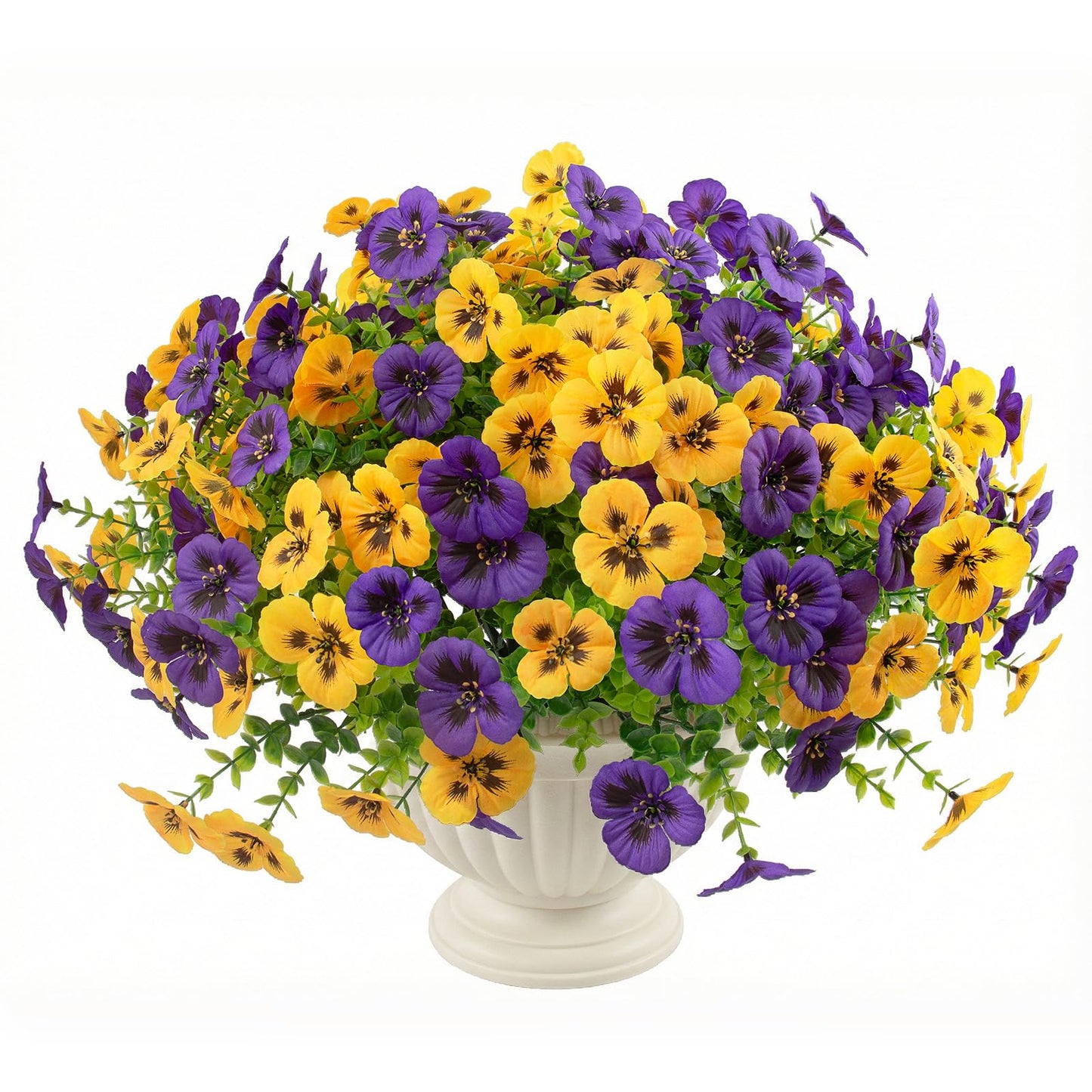 Rowfad 18 Pcs Artificial Fake Pansy Flowers for Outdoor, Faux UV Resistant Silk Pansies Flowers for Outside Planter Front Door Porch Yard Patio Window Box Home Decor (18, Yellow,Purple)