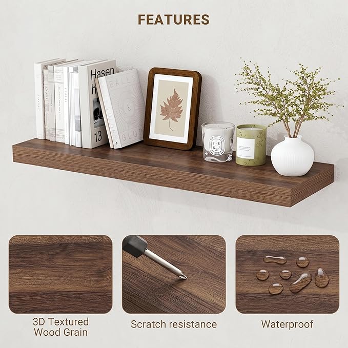 Acovy 72 Inch Floating Shelves, 3D Textured Wood Grain, Wooden Shelves