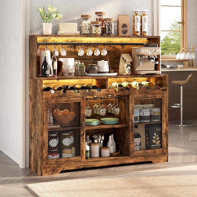 Loomie Wine Bar Cabinet with LED Light, Liquor Cabinet with Glass Holder