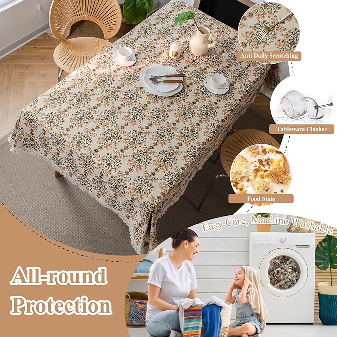 VClife Beige Floral Print Table Cloth, Linen Texture Tablecloth