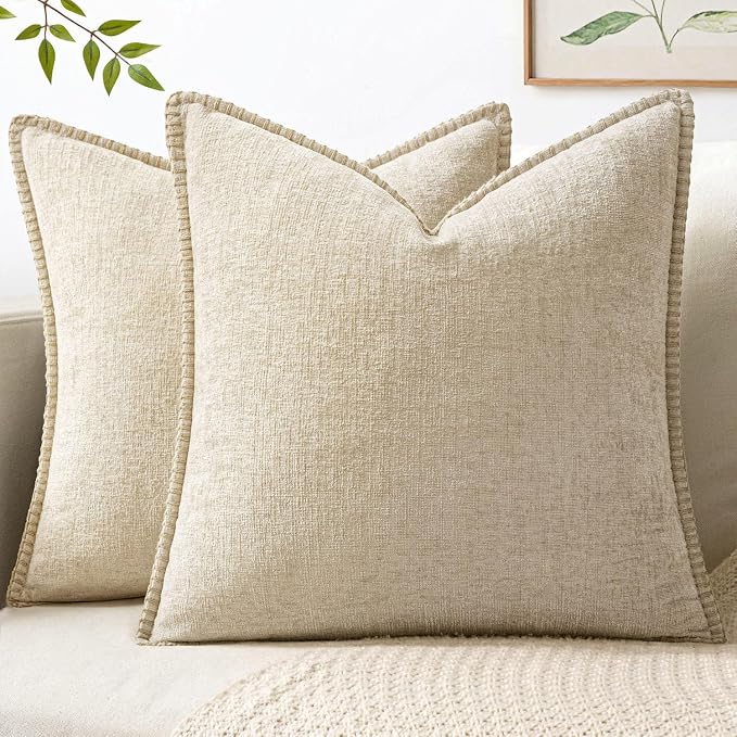 MIULEE Pack of 2 Euro Sham Pillow Covers 24x24 Inch Beige Farmhouse Decorative Throw Pillow Covers with Stitched Edge Soft Chenille Solid Dyed Pillow Covers for Bed Sofa Couch Living Room