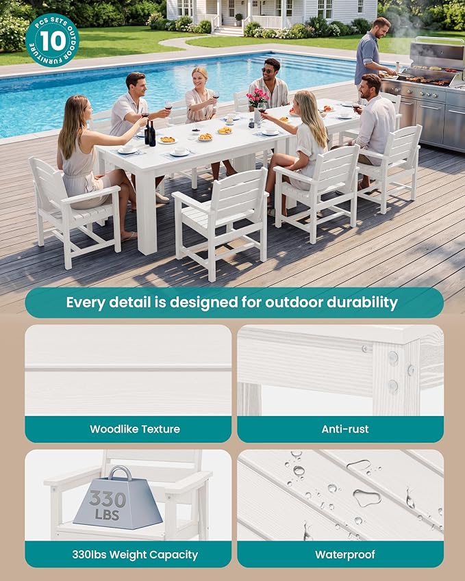 SERWALL HDPE Dining Set for 8: 2 Umbrella Hole Tables + 8 Chairs. Includes 8
