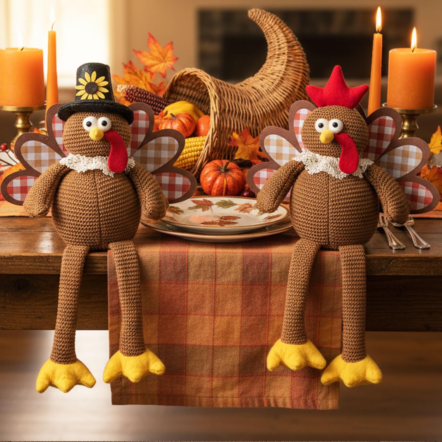 MWDJPXY Christmas Decorations Set of 2 Turkeys with Dangling Legs, Turkey Couple Doll Plush Kit Tabletop Centerpieces for Fall Harvest Home Decor Kitchen Shelf (Brown)