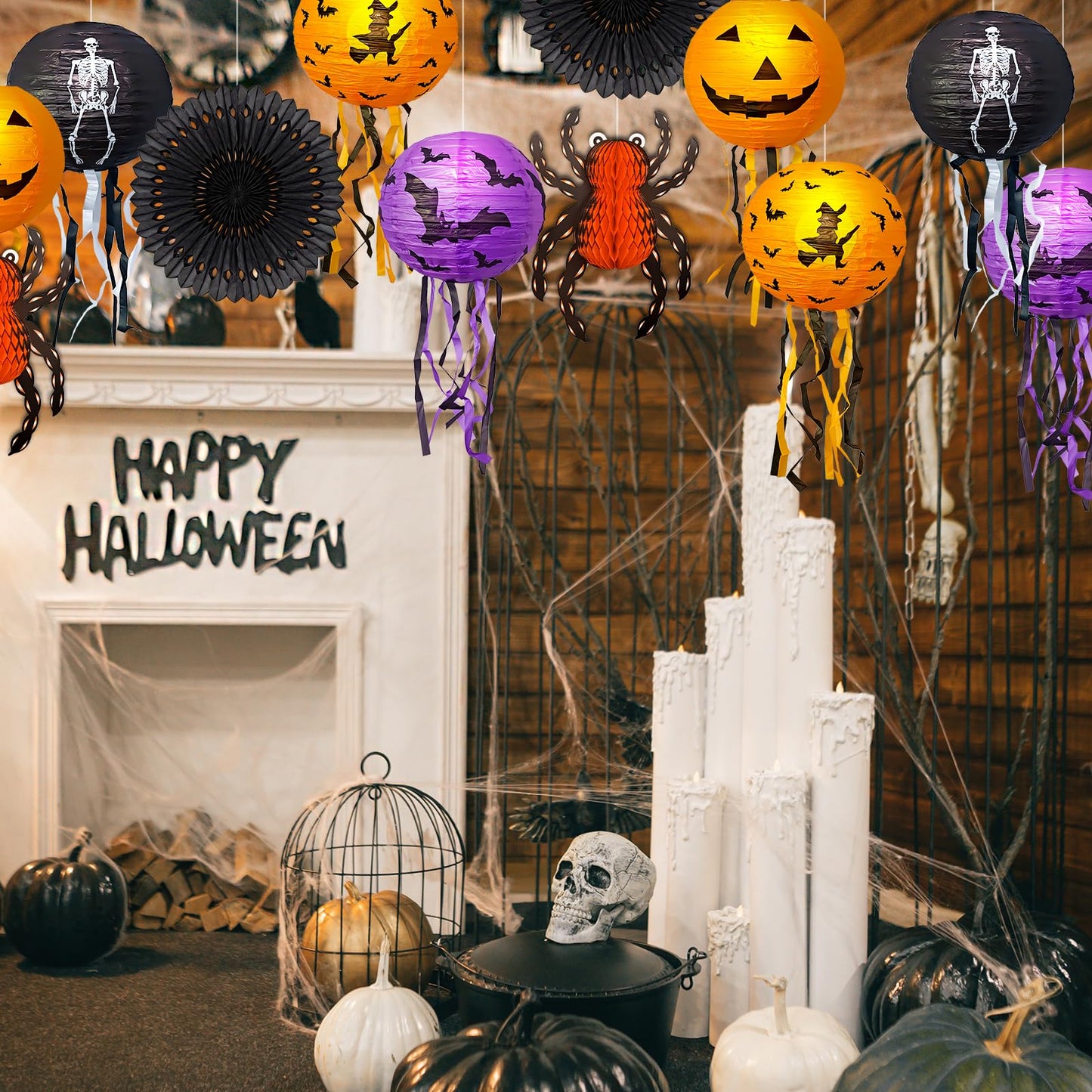 12Pcs Halloween Decorations Paper Lanterns with Led Lights, Hanging Pumpkin Bat Skeleton Lanterns Spider for Indoor & Outdoor Spooky Home Decor Halloween Party Supplies Props 10" 12"