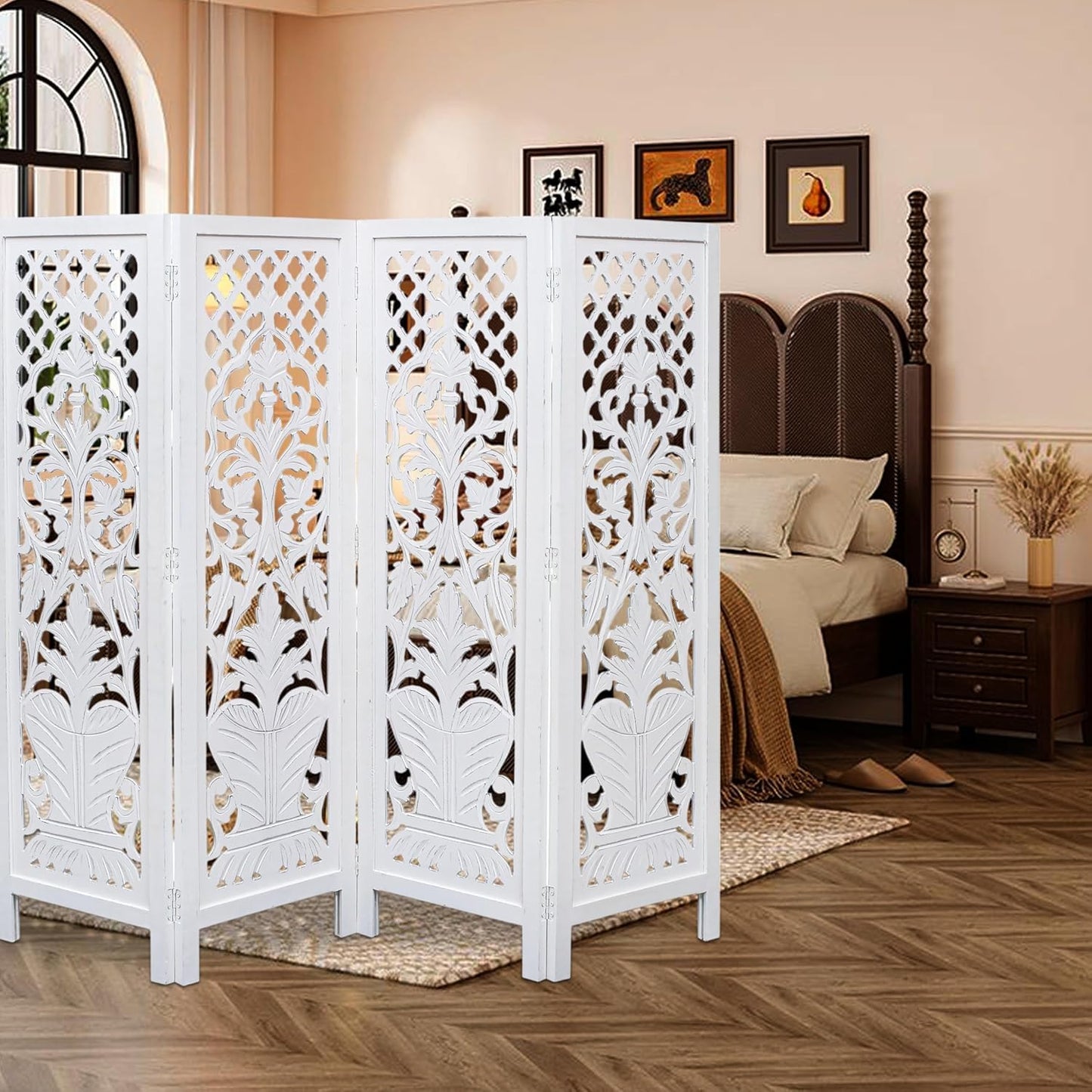 Room Divider Wood Screen Panel – White, 4-Panel Folding 64"x54", Hand-Carved, Reversible Privacy Partition, Decorative & Functional Portable Room Divider for Home or Office