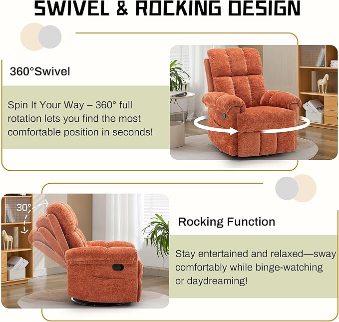 Korser Recliner Chair, Swivel Rocker Recliner Chair
