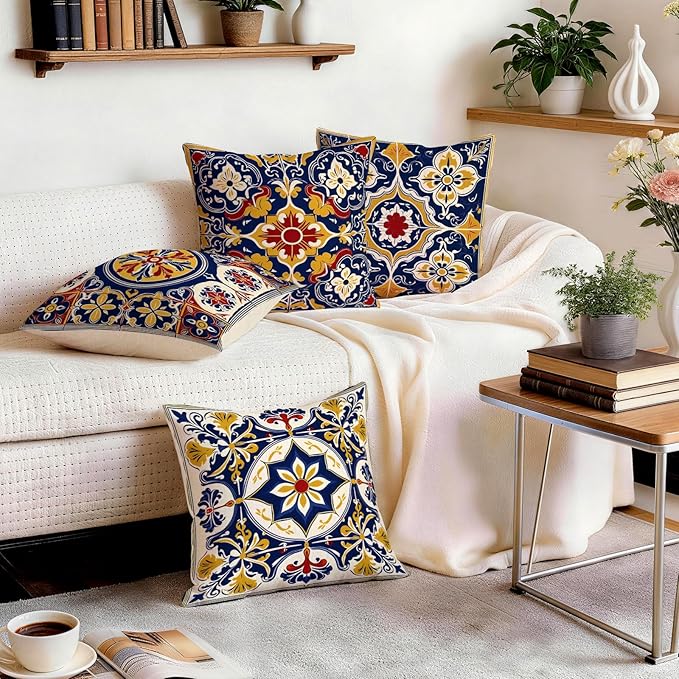 OBSEDE Throw Pillow Covers Set of 4, 18x18 Inch Blue and Yellow Mediterranean