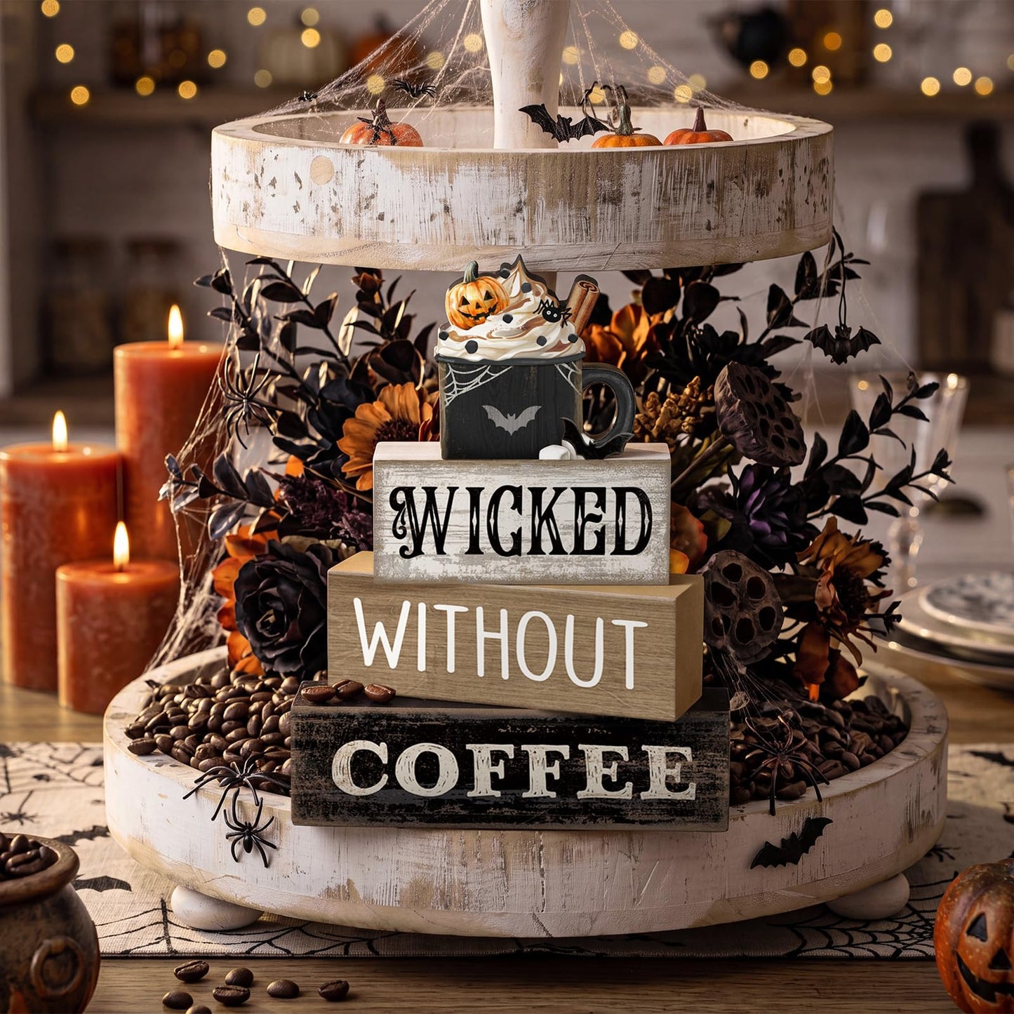 Lineshading 4 Pcs Halloween Coffee Table Decorations Wicked Wooden Stacked Sign Decor Rustic Halloween Tiered Tray Decor Decorative Pumpkin Ghost Hot Cocoa Centerpiece for Home Kitchen Coffee Bar